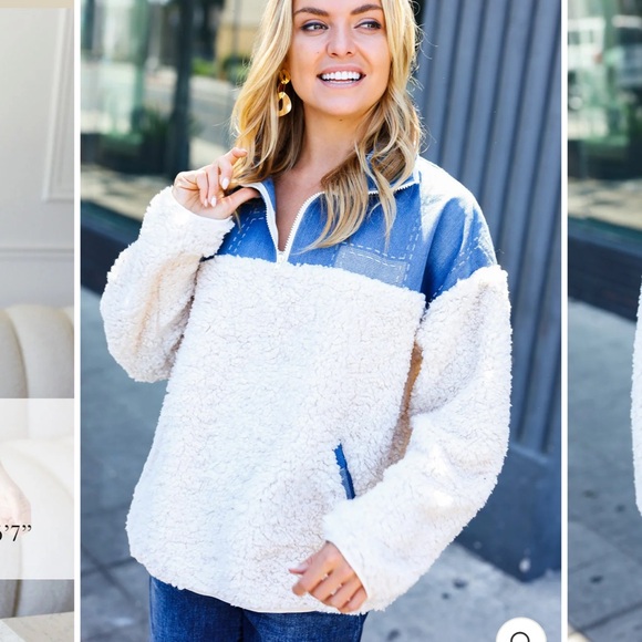 Haptics Jackets & Blazers - B60–(PRICE FIRM) GOOD VIBES DENIM & IVORY PATCHWORK SHERPA HALF ZIP PULLOVER